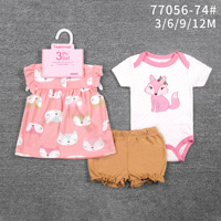 Ensemble de vêtements d'été pour bébés et enfants de 6 à 12 mois, 3 pièces, col rond, manches courtes + barboteuse, imprimé animal/fleur, broderie en coton