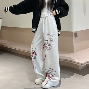 กางเกงลำลองทรงตรงแบบใหม่ สไตล์สบายๆ พิมพ์ลายกราฟฟิตี้รูป<span class=keywords><strong>แมว</strong></span> แต่งโบว์ ต่อผ้า นุ่มสบาย ขายส่ง รับทำโลโก้ กางเกงขายาว - Product Image 2