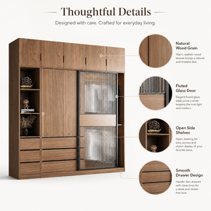 Armoire à portes coulissantes en bois naturel fini, style nordique, pour chambre à coucher, petit appartement, combinaison de placards coulissants en verre - Product Image 5