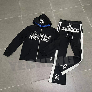 Tùy Chỉnh Sweatsuit Cotton Công Nghệ Lông Cừu Tracksuits Zip up Người Đàn Ông Áo Và Chắp Vá loe Sweatpants Set Phun In Ấn Tracksuit - Product Image 2
