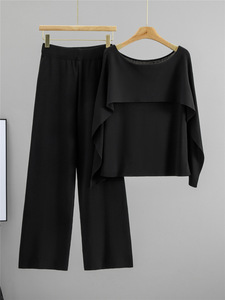Ensemble deux pièces en maille tendance 2026 pour femme : <span class=keywords><strong>Cape</strong></span> décontractée effet superposé et pantalon – Collection Printemps-Automne - Product Image 3