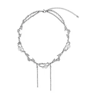Broken silver pearl necklace small design high-end simple temperament clavicle chain women's sugar cube small diamond light luxu