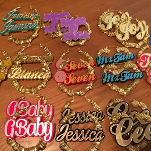 Grote Maat 18K Vergulde Xoxo Gepersonaliseerde Bamboe Acryl Naam Letter Custom Laser Gesneden Acryl Oorbellen Met Logo