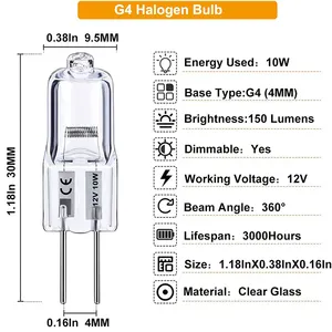 G4 Bi-pin Dasar 12V 10W 20W Halogen Crystal Bulb JC Tipe 150 LM Lampu Pijar Kabinet Putih Hangat