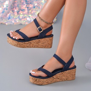 Sandalias de Plataforma con Tacón Grueso de Piel Sintética Negra, Punta Abierta, Correa Elástica Trasera, Zapatos de Verano para Mujer, Venta al por Mayor, Pago por Proxy - Product Image 3