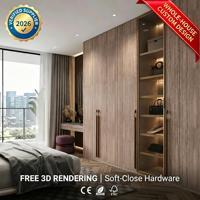 Guarda-Roupa Moderno de Luxo com Acabamento em Madeira, Penteadeira Embutida, Porta de Vidro com Alumínio Dourado e Luz LED, Armário de Quarto Personalizado