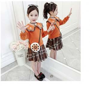 Wholesale New Spring Girl's Autumn Embroidered Peter Pan Collar Kid Shirt Tartan Skirt Two Pieces Suit - Product Image 2