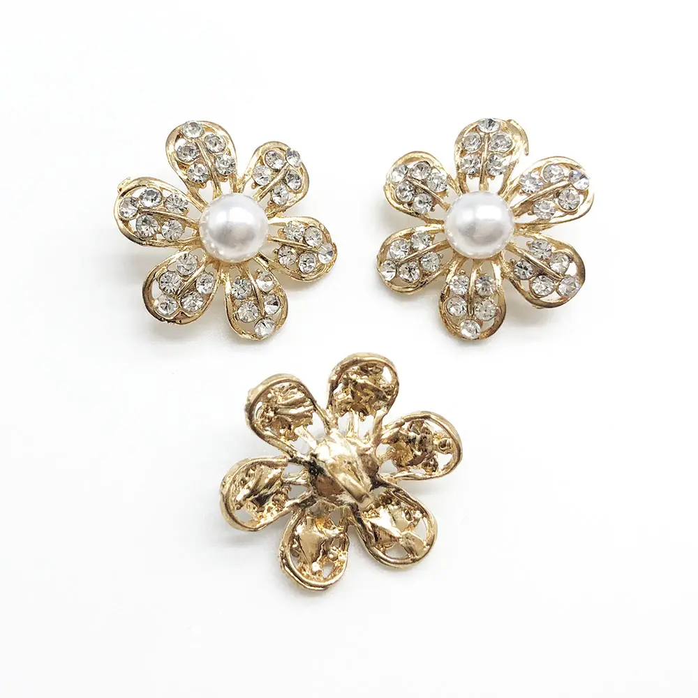 Pearl full ball shape buttons with flower in gold color and shiny crystal custom buttons made Guangzhou factory wholesale