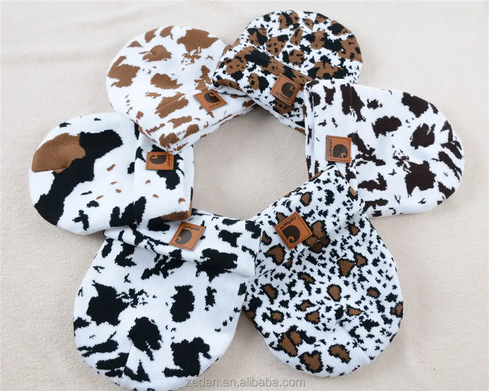 Hot Sale Ready To Ship Adults Winter Knitted Hat cotton Double Layer knit cow-print hat