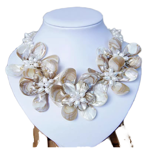 Pearl Shell Flower Statement Necklace <b>Beaded</b> Jewelry for Women Bridal Party Wear WHITE - Product Image 1