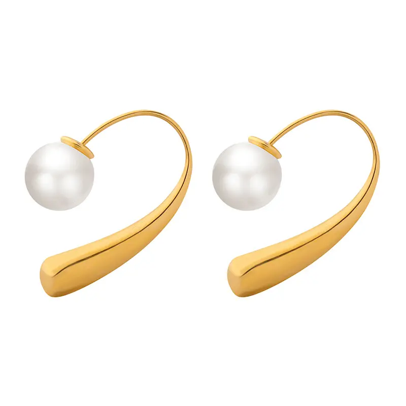 18k Gold Anti Tarnish Simple Design Hanging Imitation Pearl Earrings Stainless Steel