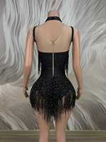 Combinaison de scène de luxe Ocstrade avec franges en strass noirs, découpes et maille, pour salsa et spectacle