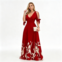 Robe de soirée longue à col en V, taille empire, coupe empire, avec découpes en perles, manches courtes et imprimé floral, idéale pour les banquets
