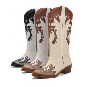 Bottes de cowboy à bout pointu de style vintage en relief pour femmes bottes au genou à motif floral pour dames toutes les saisons - Product Image 4
