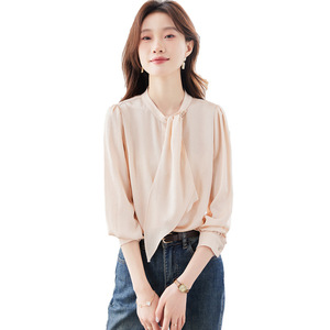 White Women's Chiffon Shirt With Ribbon <b>Tie</b> Long Sleeve Office Blouse Solid Color <b>Polyester</b> Fabric Q9977 - Product Image 5