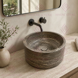 <span class=keywords><strong>Lavabo</strong></span> Redondo de Travertino Plateado Sólido de Alta Calidad Estilo Wabi-Sabi, <span class=keywords><strong>Lavabo</strong></span> de Piedra Natural para Decoración de Baños de Hoteles y Villas - Product Image 5