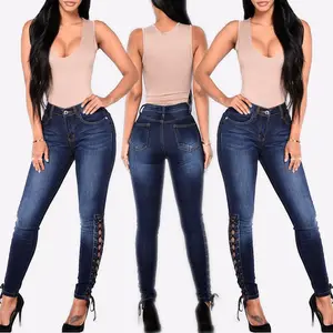 bombas jeans Suppliers-Primavera Novo Estilo de Jeans calças de Brim Das Mulheres de Bombeamento Corda Bandagem Azul Escuro calças de Brim Das Mulheres Calças Calças