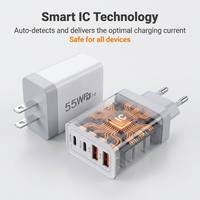 Cargador de Pared Portátil de 55W con 4 Puertos PD QC, Cargador Rápido Multidispositivo para iPhone, Teléfonos Android, Tabletas, Bloque de Energía