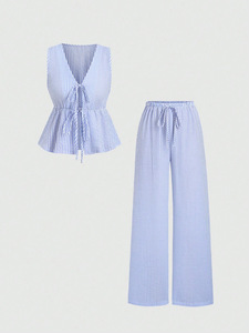 Ensemble décontracté 2 pièces pour femmes : haut polyvalent à rayures avec nœud sur le devant et pantalon long ample – Tendance - Product Image 5