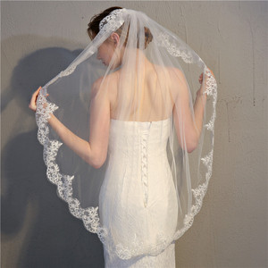 Velo de novia estilo Mori retro, elegante, con borde de encaje y gasa lisa, para accesorios de fotografía de propuesta de matrimonio. - Product Image 2