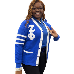 Zeta Sorority Casual Varsity Cardigan <b>Sweater</b> Blue White Embroidered Letters Front Knitted Long Length Anti-Wrinkle Anti-Pilling - Product Image 1