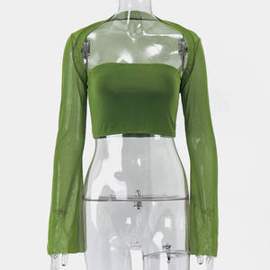 Ästhetische Vintage Frauen 2-teilige Sets Träger loses Tanktop Sexy Mesh Sheer Flare Langarm Schal Street Outfit - Product Image 5