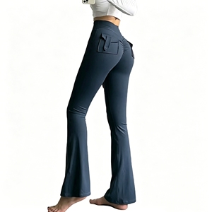 Pantalon de yoga évasé taille haute pour femme avec poches, effet ventre plat et rehaussement des fesses, idéal pour la gym et les tenues décontractées - Product Image 1