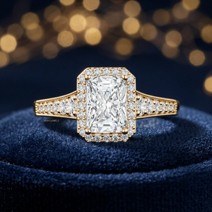 Bague de Mariage de Luxe en Diamant de Laboratoire Certifié IGI, Coupe Radiant, Halo de Diamants, Or 10K 14K 18K, Argent 925 935 - Product Image 1