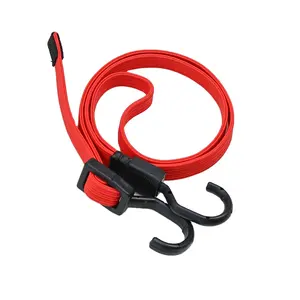 OEM Custom Red 18mm Adjustable Fitness Flat Bungee Cord Strap With Plastic-Coated Metal Hooks