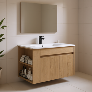 Bathroom Vanity 30 Inch Ceramic Basin Imitative Oak Finish Adjustable Open Shelf Floor Standing Modern Design - Product Image 2