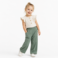 Pantalon en coton vert olive à taille haute et jambe large pour filles, 2-5 ans, doux et confortable pour le quotidien, vente en gros