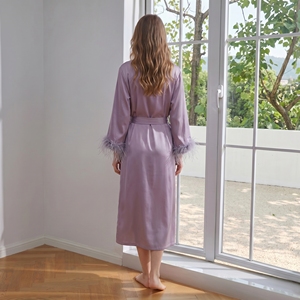 Pigiama da <span class=keywords><strong>donna</strong></span> taglie forti in finta seta viola con bordo in pelliccia, lussuoso e morbido, stile <span class=keywords><strong>accappatoio</strong></span>, comodo per il tempo libero a casa - Product Image 6
