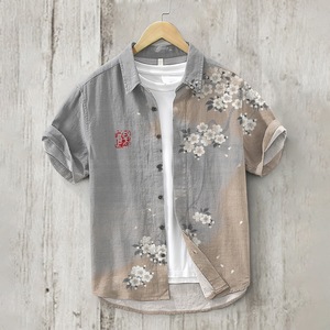 Sweat-Absorbent Woven Short-Sleeve Men's Light-Luxury Style Breathable Linen Turn-Down Collar Summer Floral Print Hawaiian Shirt - Product Image 1