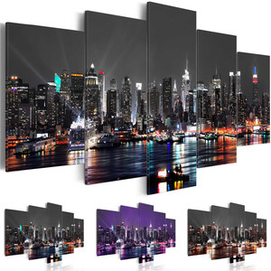 Tableau mural sur toile 5 panneaux : Coucher de soleil de <span class=keywords><strong>New</strong></span> <span class=keywords><strong>York</strong></span> – Paysage urbain moderne encadré pour la décoration de salon - Product Image 1