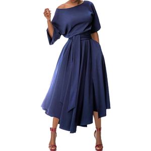 Vestidos al por mayor personalizados OEM de alta calidad para mujer, con hombro asimétrico, lazo, temperamento elegante, color sólido, vestidos irregulares. - Product Image 2