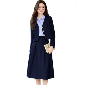 Women's Navy Blue Suit <b>Set</b> With Pleated Skirt And <b>Blazer</b> Two Piece Office Wear For Work - Product Image 4