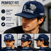 Gorra Snapback Azul Marino con Bordado Floral 3D Premium, Ajuste Estructurado, Estilo Urbano, con Letras Bloom Personalizadas