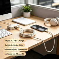 Nouveau câble tressé Type-C 65W à charge rapide, cordon de charge Type C vers Type C pour iPhone 15 16 17 Pro Max, idéal pour la maison, le bureau et les voyages