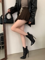 Bottes à talons hauts en dentelle noire sexy de style européen et américain, rivets, classiques, en maille respirante, chaussures à la cheville à talons hauts