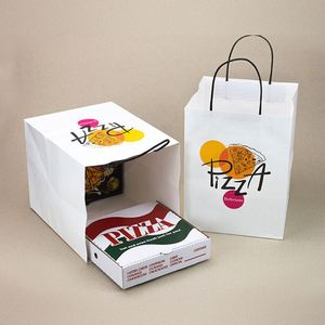 Sacs en papier kraft recyclé écologiques avec logo personnalisé pour la promotion de pizzas à emporter des restaurants, avec poignée et base carrée large - Product Image 2