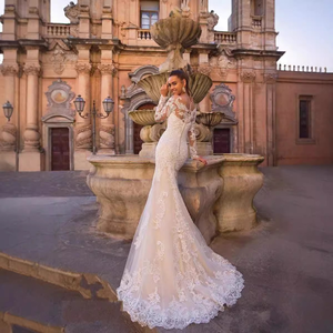 Robe de mariée tendance à manches longues, style Mori, coupe sirène, dos nu, <span class=keywords><strong>avec</strong></span> petite traîne et <span class=keywords><strong>voile</strong></span> souple, ensemble deux pièces, pour séance photo - Product Image 4