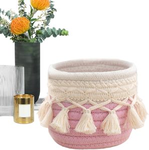 Mini Cesta de Almacenamiento Boho, Organizador de Escritorio Tejido con <span class=keywords><strong>Cuerda</strong></span> de Algodón <span class=keywords><strong>para</strong></span> Brochas de Maquillaje, Contenedor de Artículos Diversos con Borlas de Macramé <span class=keywords><strong>para</strong></span> Sala de Estar - Product Image 2