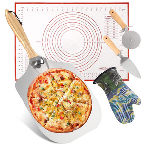 Set di Pala per <span class=keywords><strong>Pizza</strong></span> in Metallo da 12 Pollici con Manico Pieghevole in Legno, Opzione Logo Personalizzato, Spatola per <span class=keywords><strong>Pizza</strong></span>, Taglierina, Tappetino/Guanti, Direttamente dalla Fabbrica - Product Image 1