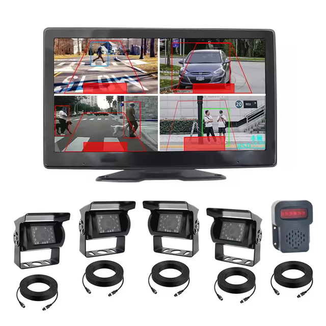 10.1Inch Touch Quad Screen 4CH BSD Camera System with Pedestrian Detection External Alarm for Trucks Buses Blind Spot Monitoring