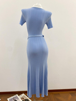 Nouvelle Robe Midi Vintage Élégante Sirène à Manches Courtes Tricotée avec Col Revers Français Perlé et Ceinture à la Taille – Collection Automne 2026
