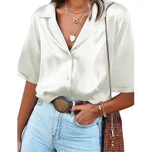 White Women Satin Shirts Button Down Blouse Casual Long Sleeve Blouse Office Work Top