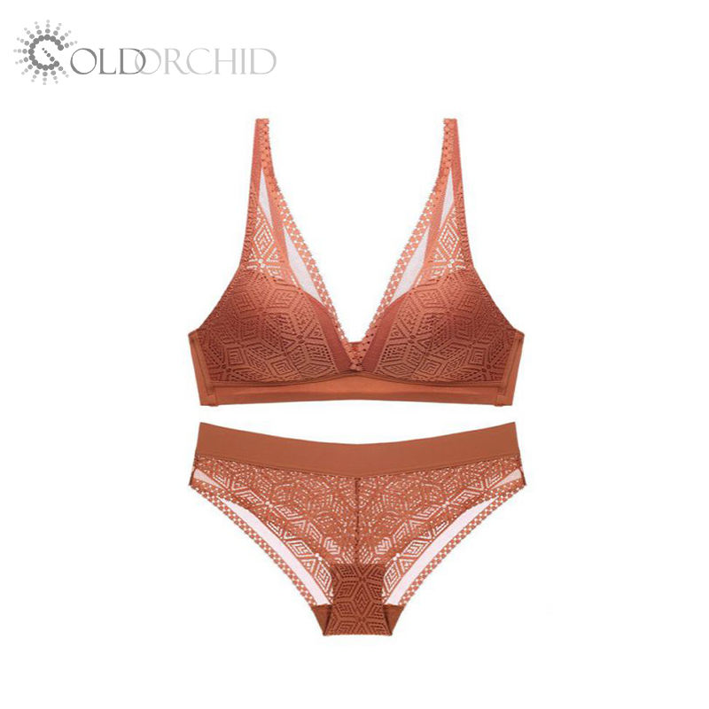 Wholesale Women Lace Wire Free Bra and Bikini Panty Brief Lingerie Sets with Embroidery Breathable Everyday Sexy Underwear