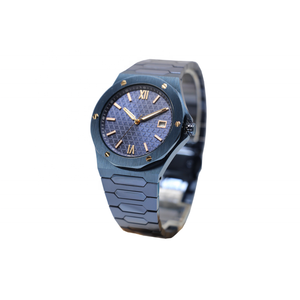 <span class=keywords><strong>Montre</strong></span> à quartz haut de gamme pour homme, boîtier brossé bleu foncé, index dorés, cadran gravé, <span class=keywords><strong>bracelet</strong></span> en acier <span class=keywords><strong>intégré</strong></span> durable - Product Image 1