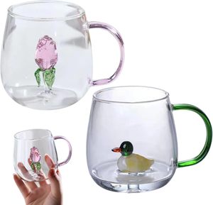 Carino tazza di ghiaccio tazza di succo di caffè con manico Coppe Creative di vetro borosilicato acqua con fiore di rosa 3D - Product Image 3