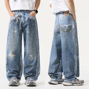 Celana Jeans Berkualitas Tinggi Model AC Style Slits 3D Printing Digital Printing Faux Two-piece Distressed Loose Straight - Product Image 6